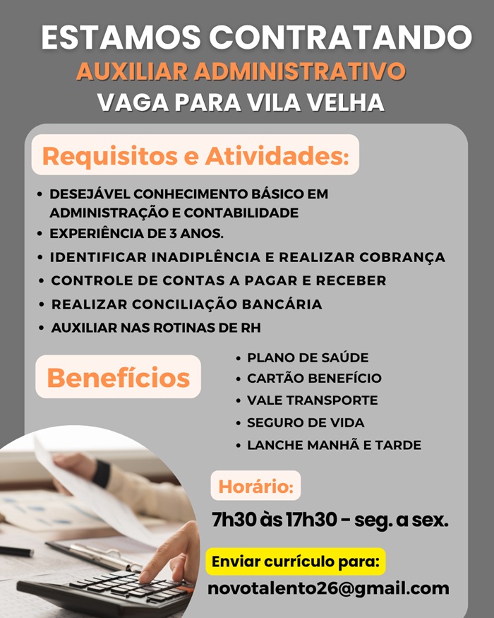 Vaga para Auxiliar Administrativo / Financeiro