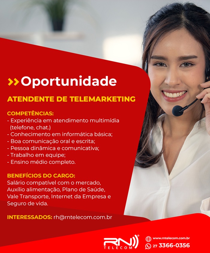 RN TELECOM CONTRATA ATENDENTE DE TELEMARKETING