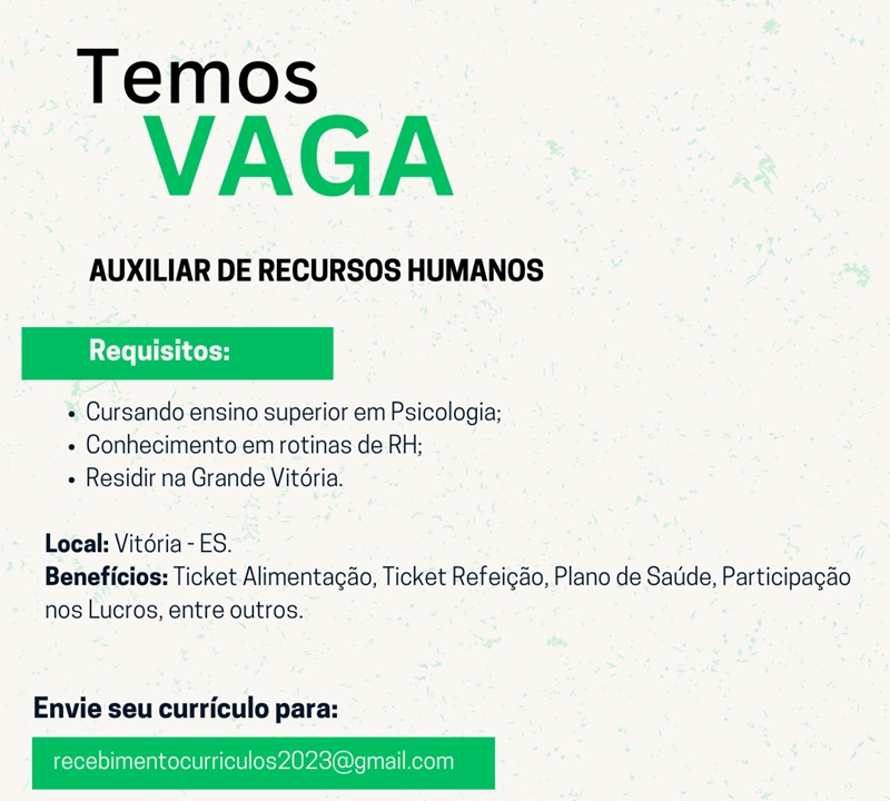 Vaga para Auxiliar de Recursos Humanos