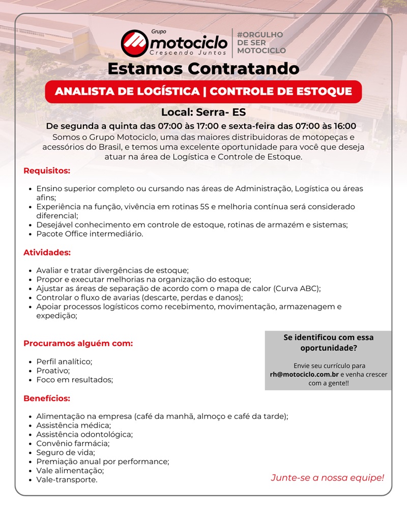 Grupo Motocilo contrata Analista de Logística | Controle de Estoque