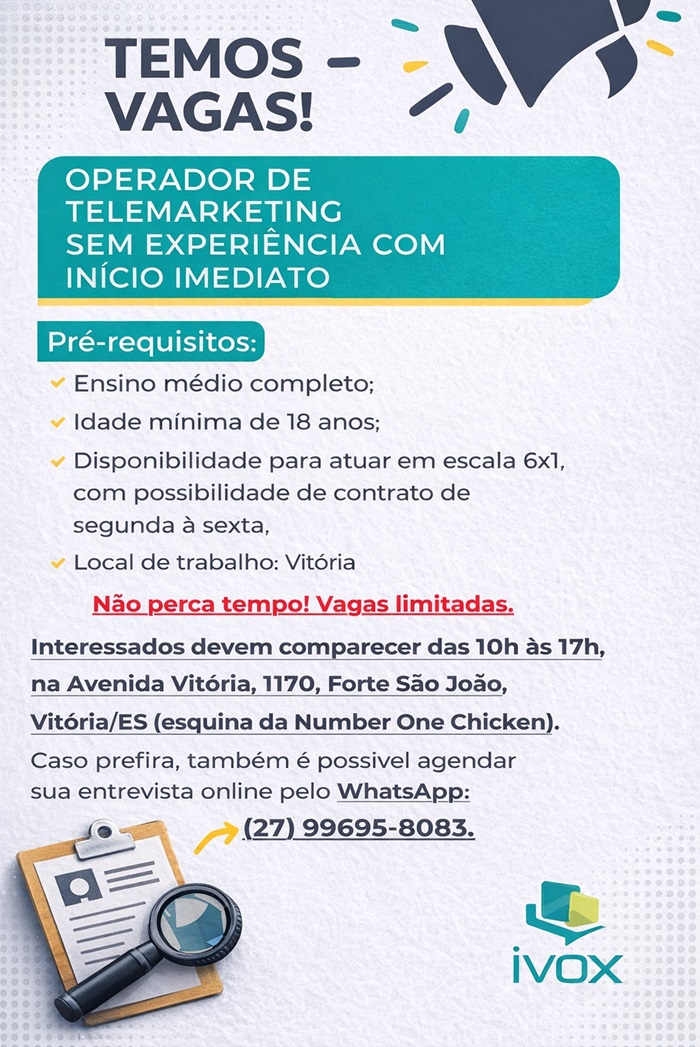 Vagas para Operador(a) de Telemarketing