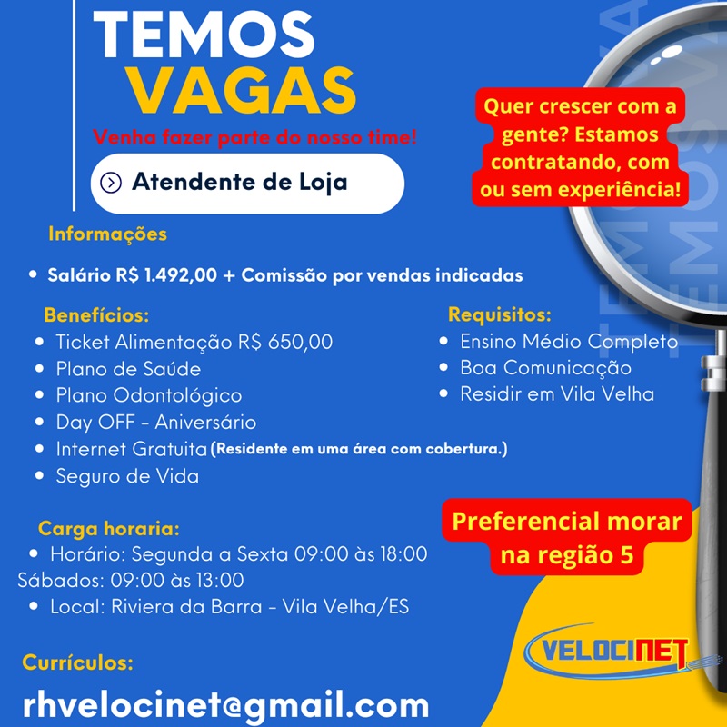 Velocinet contrata Atendente de Loja