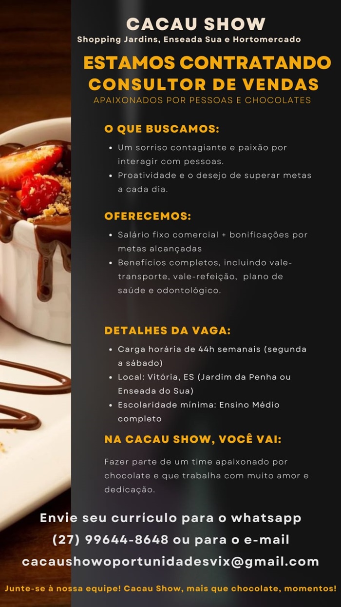 CACAU SHOW ABRE VAGAS DE EMPREGO