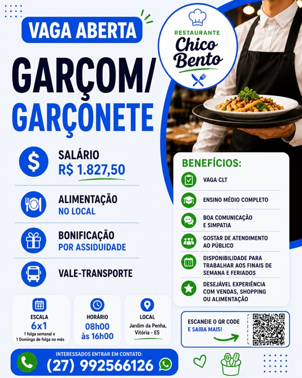 Restaurante Chico Bento contrata Garçom / Garçonete