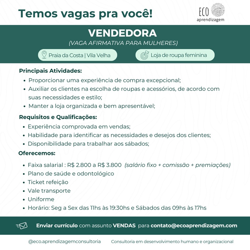 Vendedora (loja de roupa feminina na Praia da Costa - Vila Velha/ES)