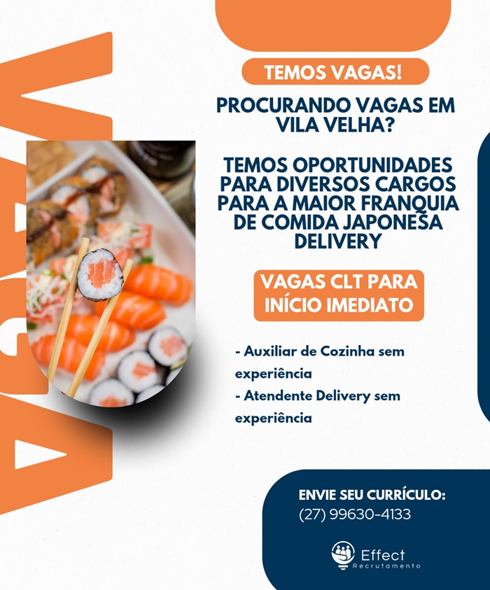Vagas Sem Experiência - Franquia de Comida Japonesa Delivery.