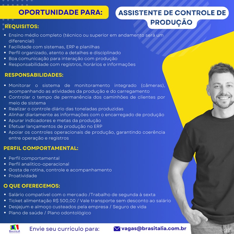 BRASITALIA CONTRATA ASSISTENTE DE CONTROLE DE PRODUÇÃO