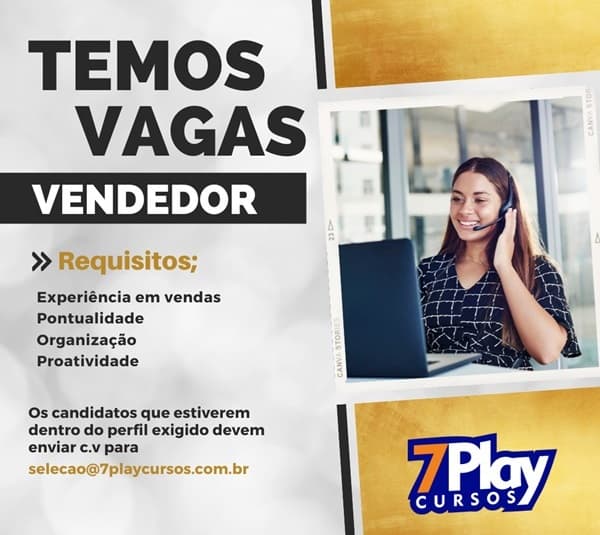 7PlayCursos contrata Vendedor interno