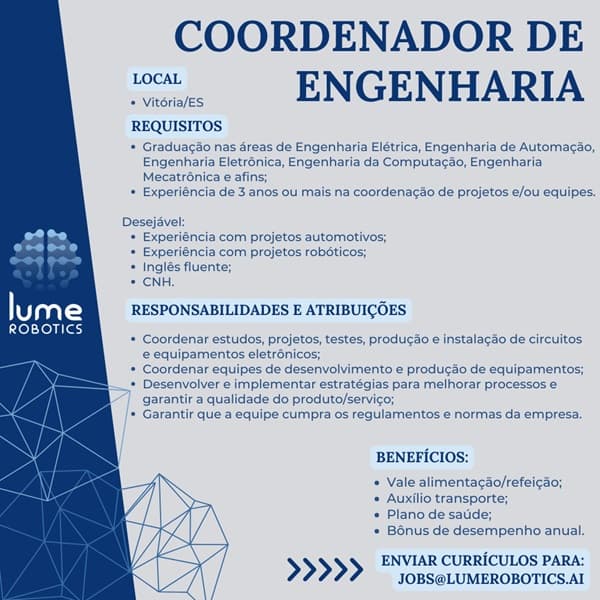 Lume Robotics contrata Coordenador de Engenharia