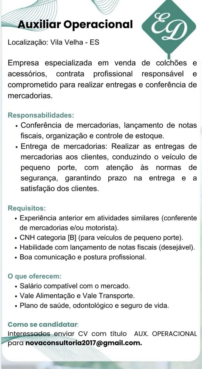 Vaga para Auxiliar Operacional