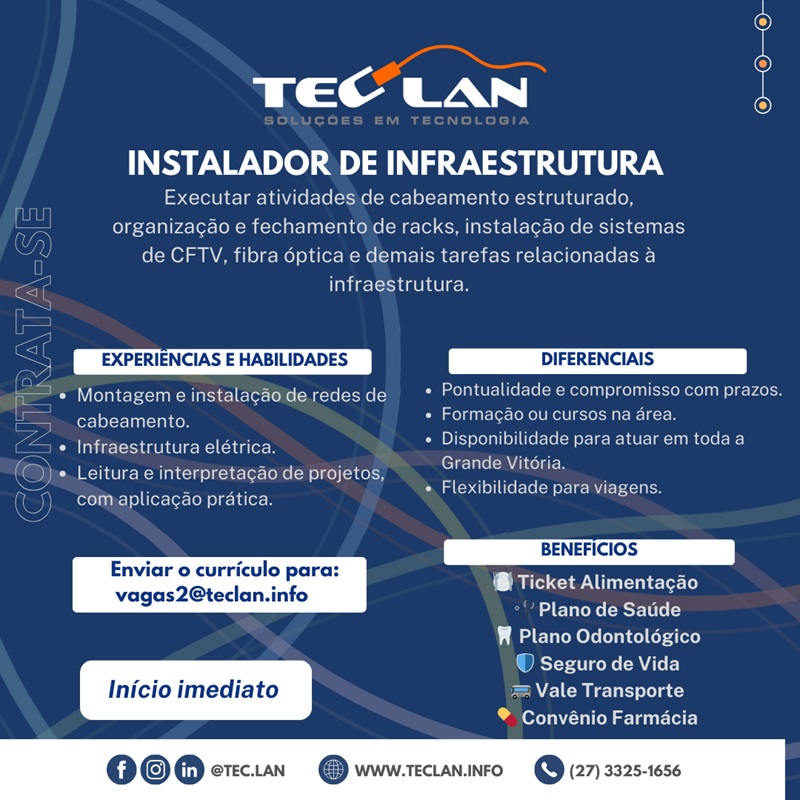 Teclan contrata Instalador de Infraestrutura