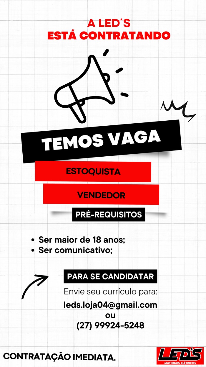 VAGAS DE ESTOQUISTA E VENDEDOR