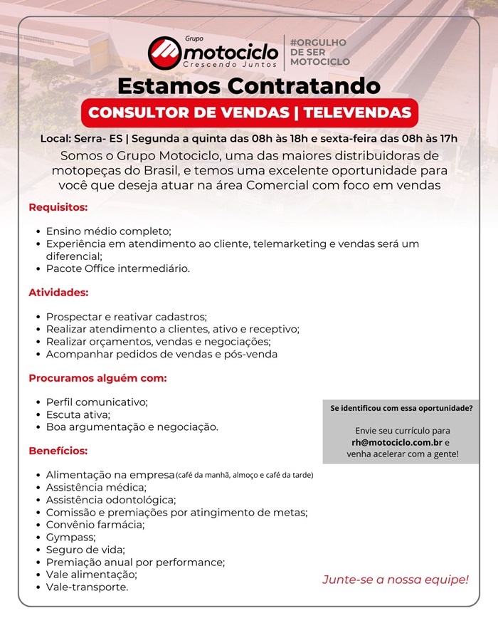 Grupo Motociclo contrata Consultor de Vendas - Televendas