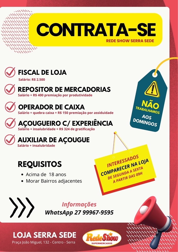 REDE SHOW ABRE VAGAS DE EMPREGO