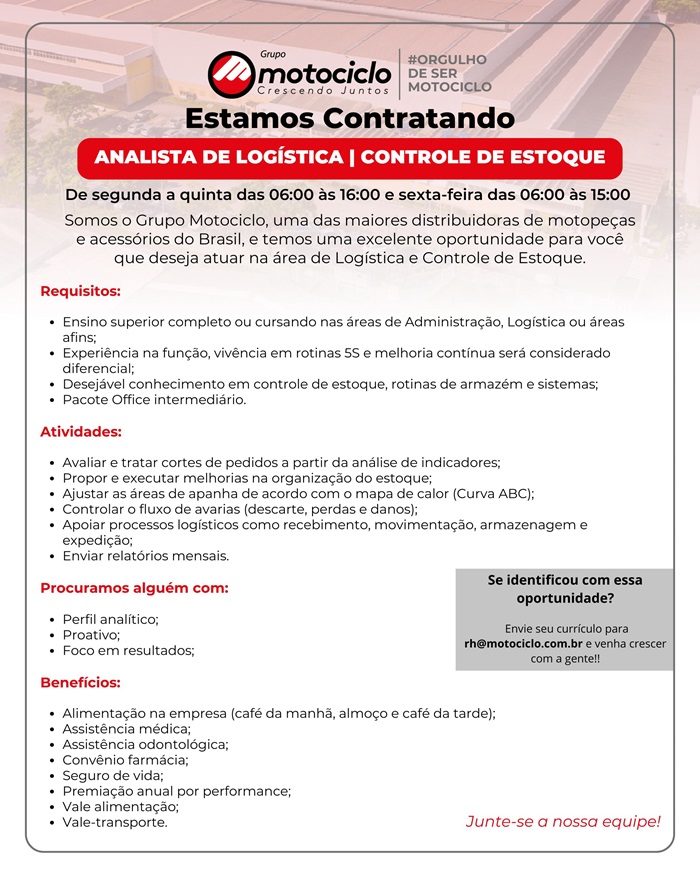 Grupo Motociclo contrata Analista de Logística | Controle de Estoque