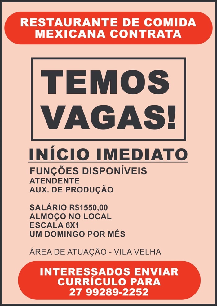 VAGAS DE ATENDENTE E AUXILIAR DE PRODUÇÃO