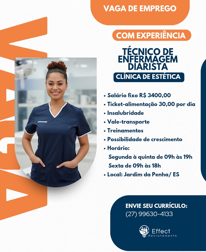 CLÍNICA DE ESTÉTICA CONTRATA TÉCNICO DE ENFERMAGEM DIARISTA