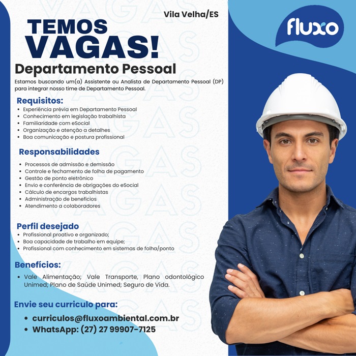 Vaga para Assistente / Analista de Departamento Pessoal (DP)