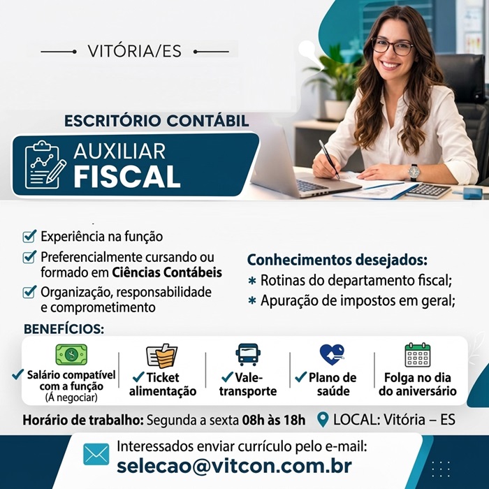 Escritório contábil contrata Auxiliar Fiscal