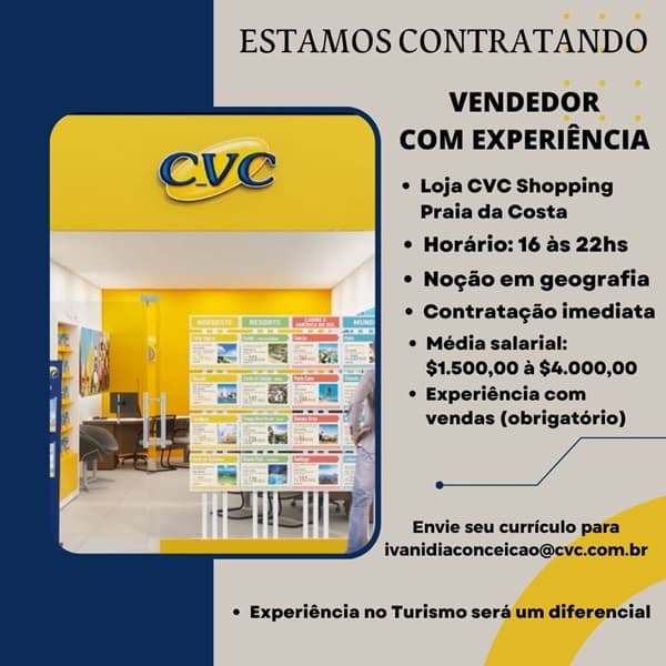 CVC contrata Vendedor (Shopping Praia da Costa)