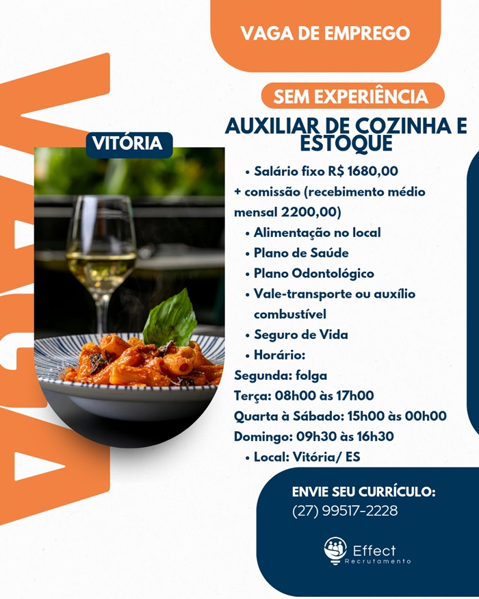 VAGA DE AUXILIAR DE COZINHA E ESTOQUE