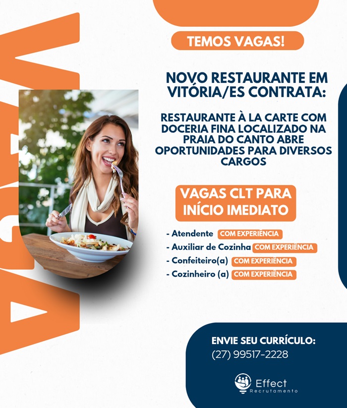 NOVO RESTAURANTE EM VITÓRIA ABRE VAGAS DE EMPREGO
