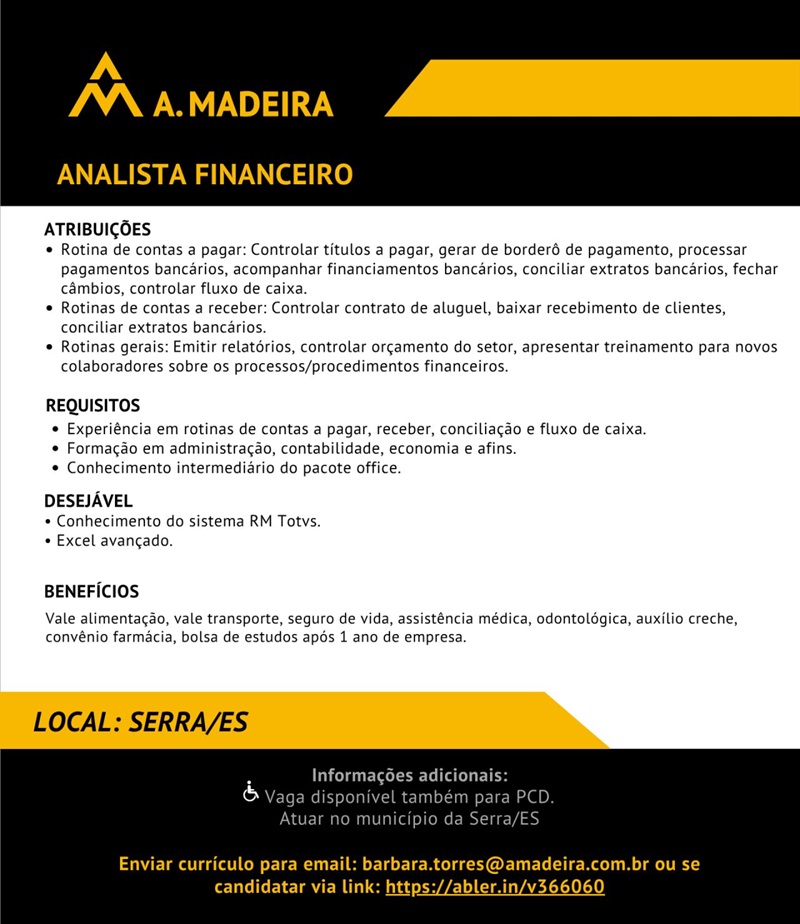 Grupo A. MADEIRA contrata Analista Financeiro
