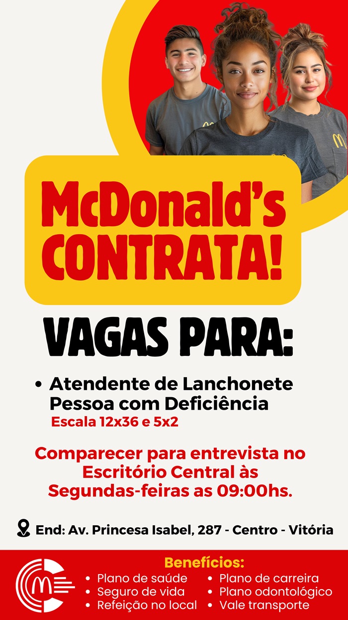 McDonald's contrata Atendente de Lanchonete - Portador de Deficiência
