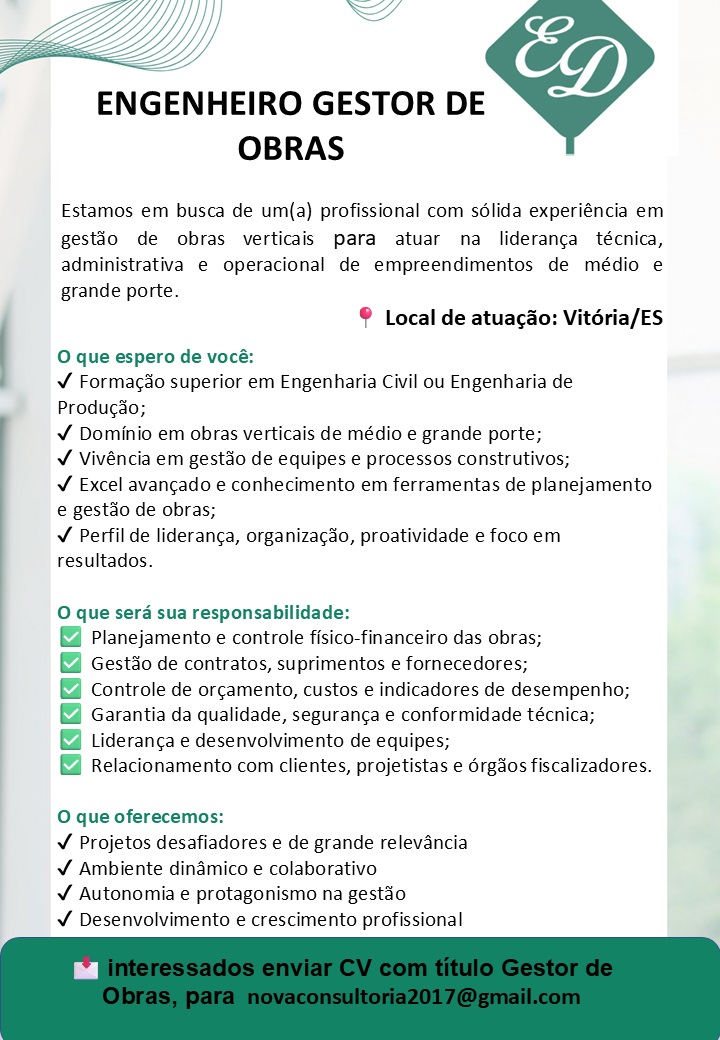 VAGA DE ENGENHEIRO GESTOR DE OBRAS