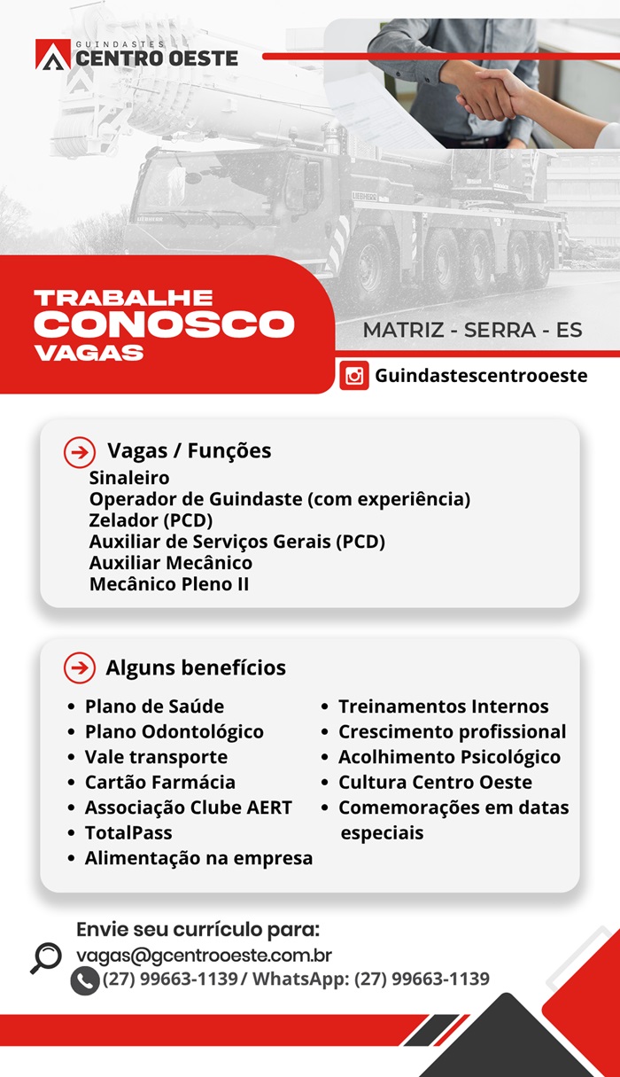 Guindastes Centro Oeste abre diversas vagas de emprego