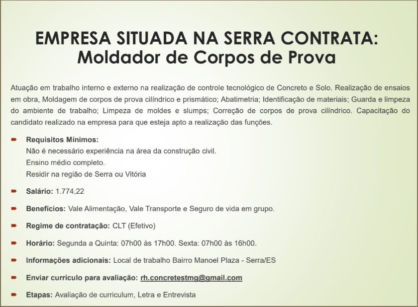Vaga para Moldador de Corpos de Prova