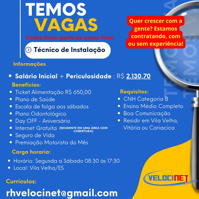 Velocinet está realizando várias contratações: Técnico de Instalação