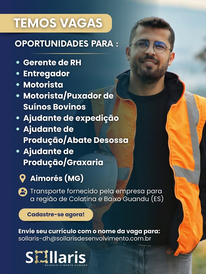 Oportunidade de vagas para Aimorés e Região