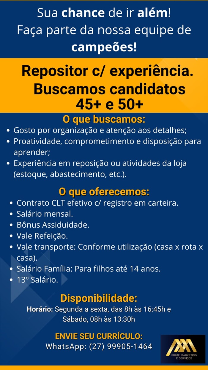 Vaga para Repositor com Experiência (Candidatos 45+ e 50+)