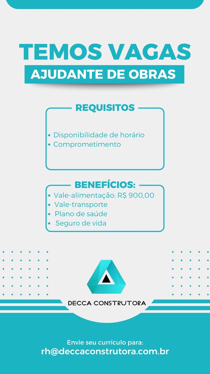 Decca Construtora contrata Ajudante de Obras