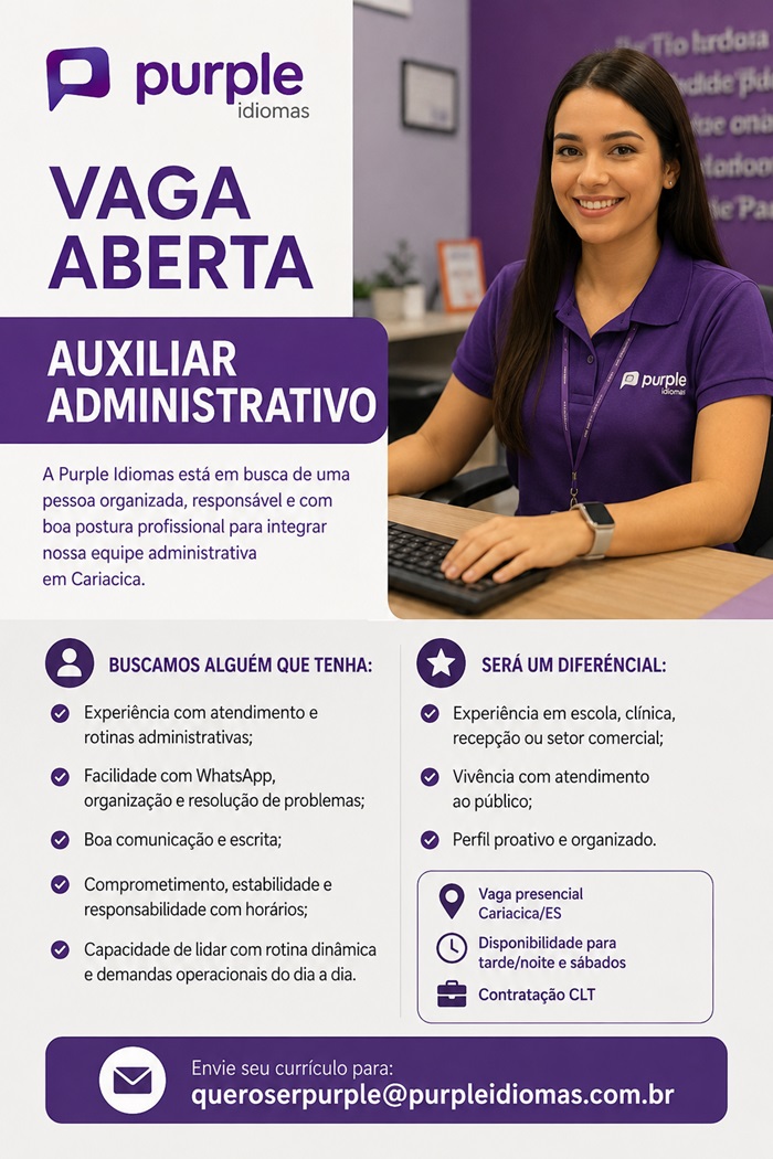 Vaga Aberta — Auxiliar Administrativo | Purple Idiomas
