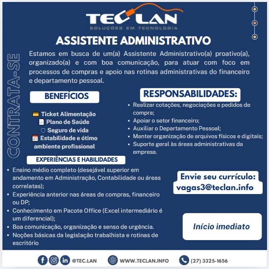 TECLAN CONTRATA ASSISTENTE ADMINISTRATIVO