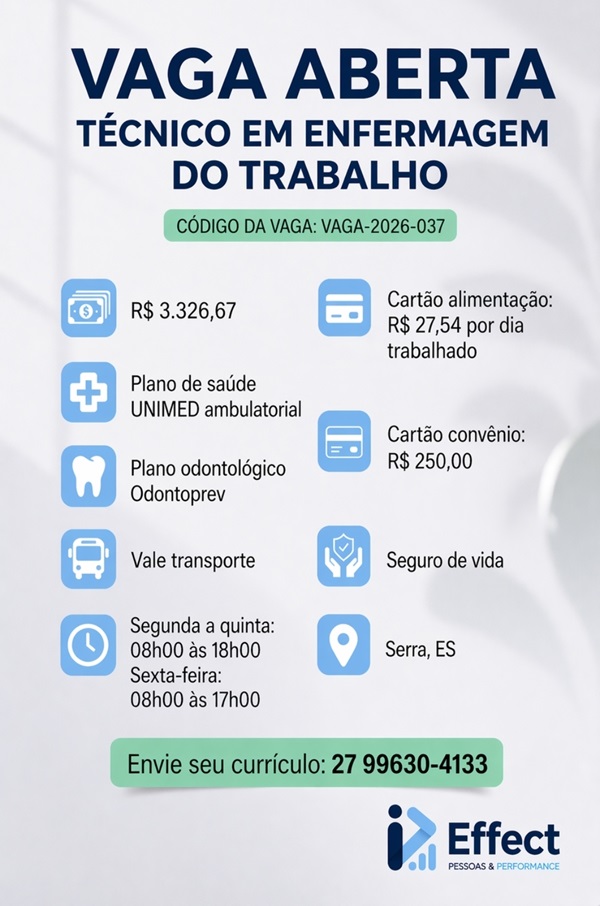 Vaga para Técnico em Enfermagem do Trabalho