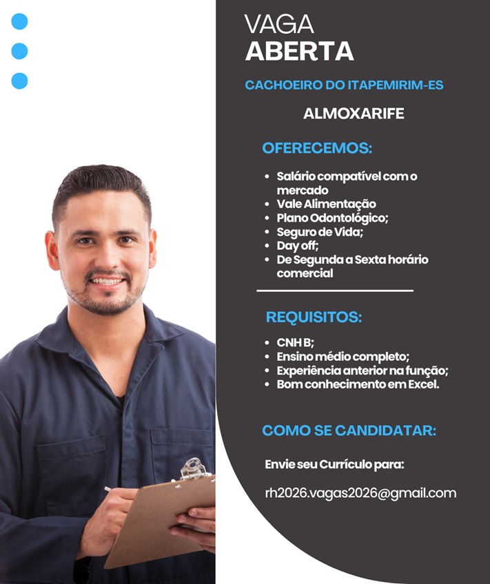 Vaga para Almoxarife - Cachoeiro de Itapemirim-ES