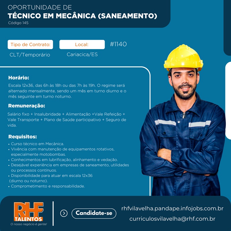Vaga para Técnico em Mecânica (Saneamento) 