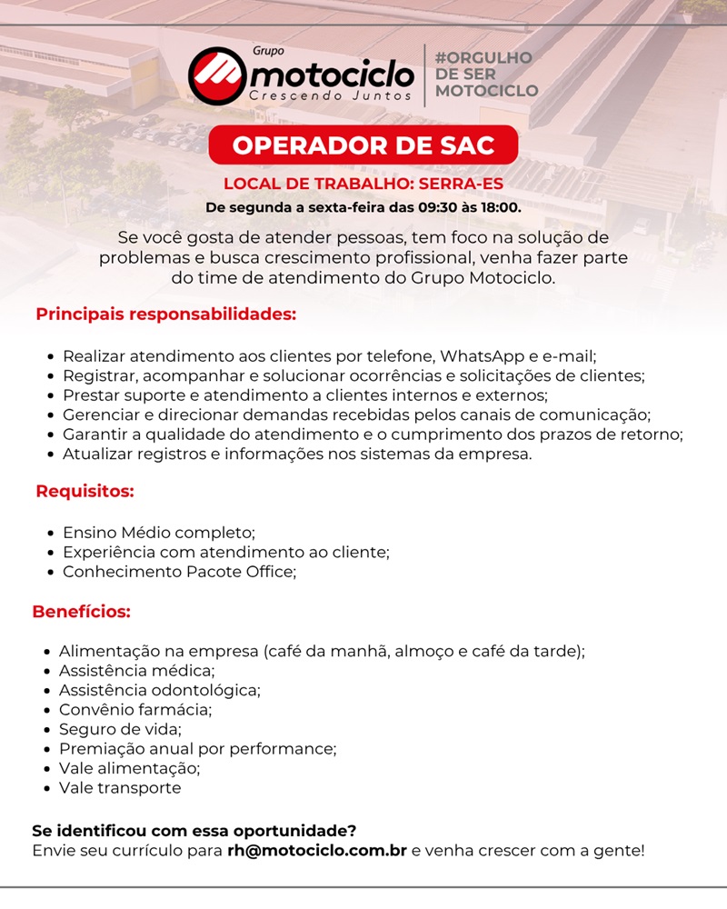 Grupo Motociclo contrata Operador de SAC