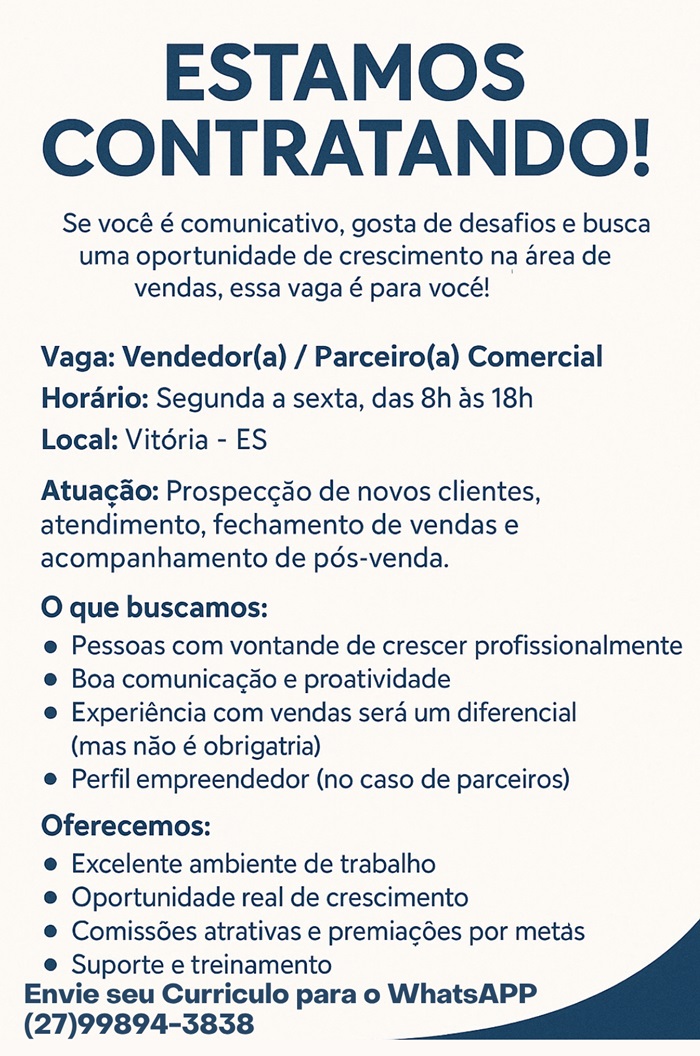 OPORTUNIDADE PARA VENDEDOR(A)