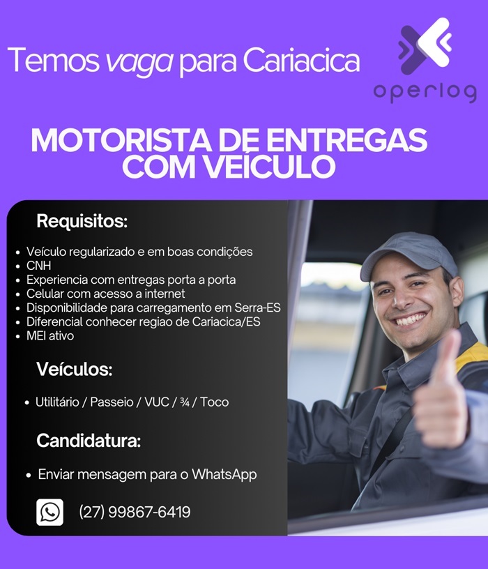 Operlog contrata Motorista de Entregas com veículo