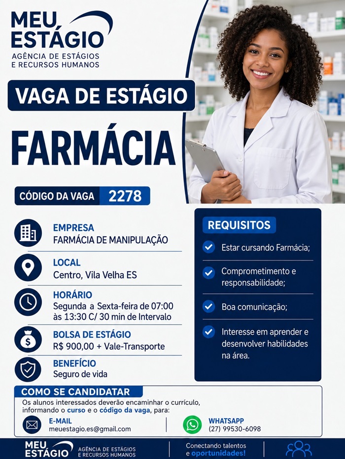 VAGAS DE ESTÁGIO – FARMÁCIA DE MANIPULAÇÃO