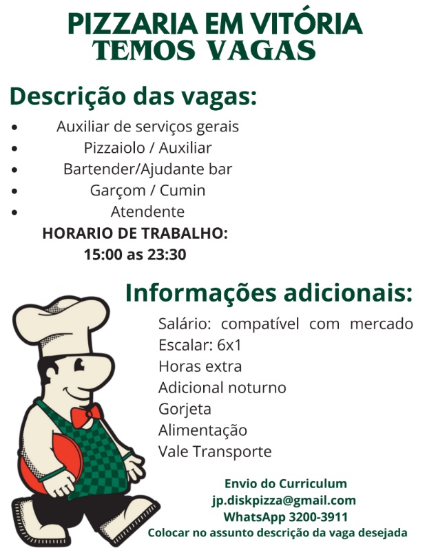 PIZZARIA ABRE VAGAS DE EMPREGO