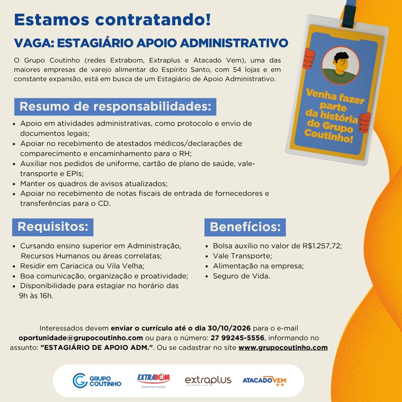 ESTAGIÁRIO APOIO ADMINISTRATIVO |  EXTRABOM 