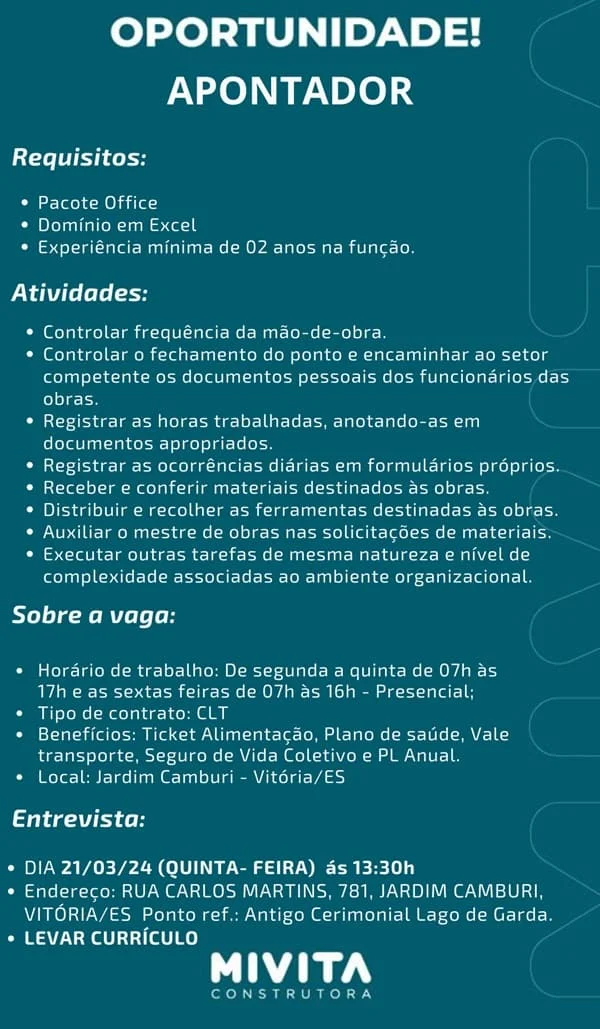 MIVITA CONSTRUTORA CONTRATA APONTADOR