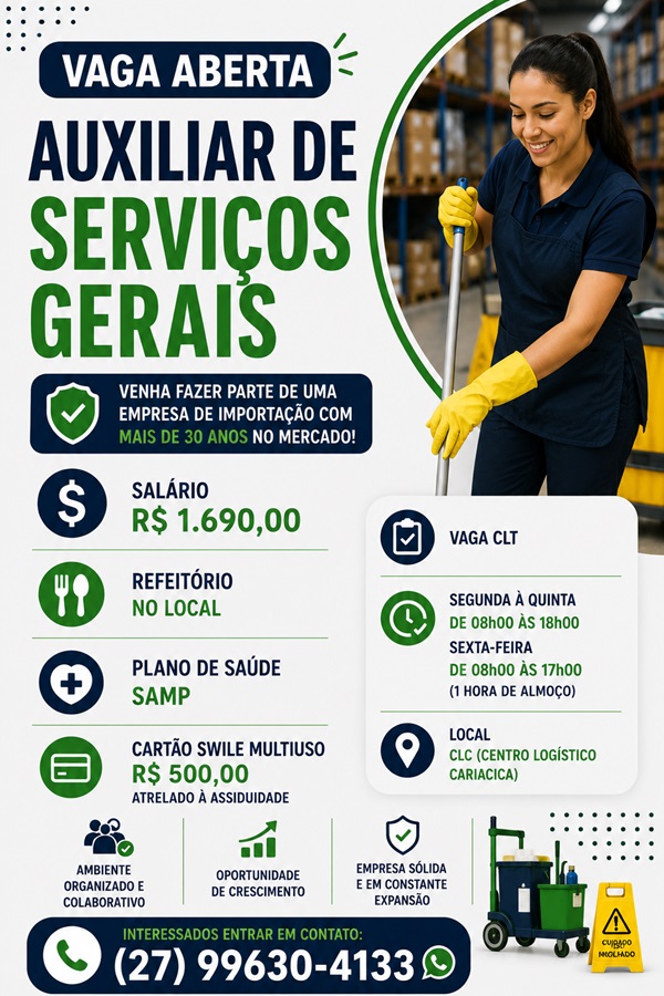 Vaga para Auxiliar de Serviços Gerais