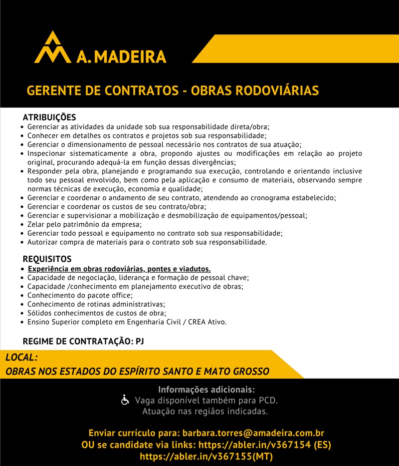Grupo A. MADEIRA contrata Gerente de Contratos