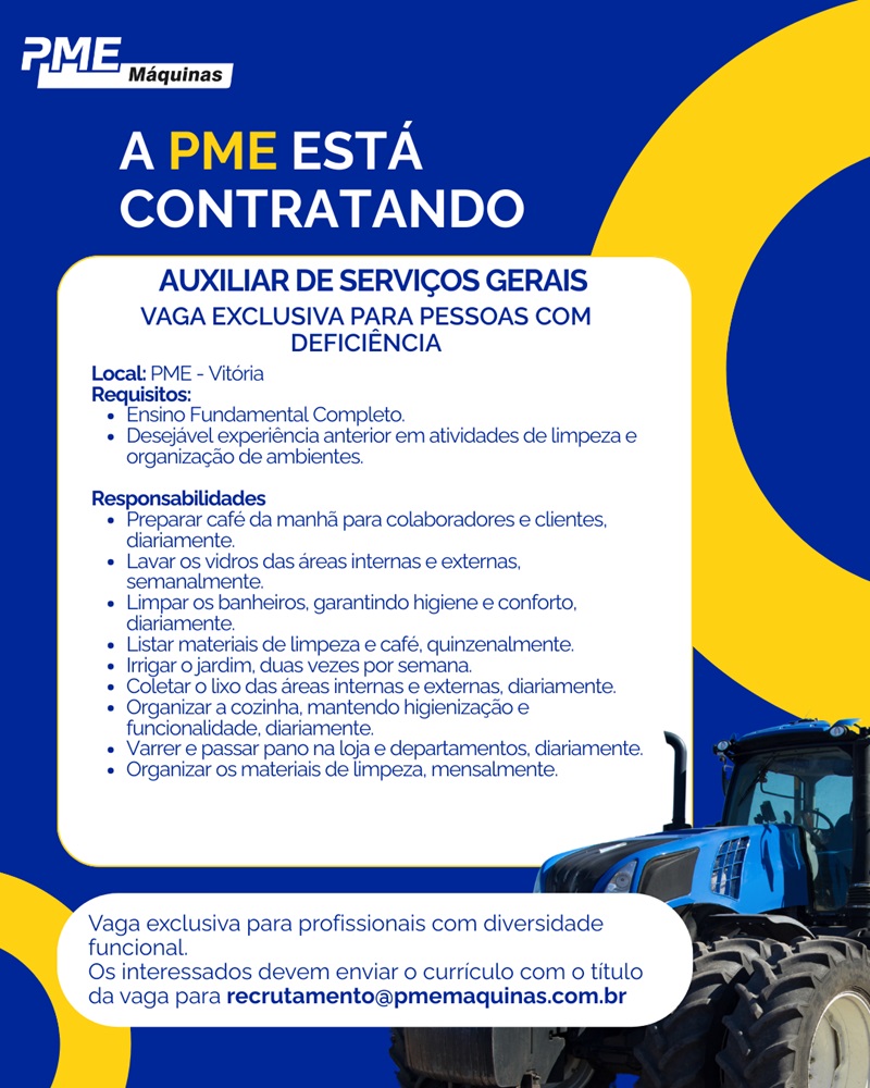 PME Máquinas contrata Auxiliar de Serviços Gerais PCD (Vitória)